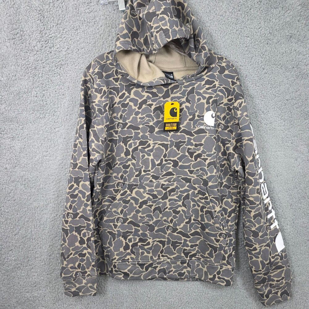 Carhartt Boys Duck Camo Graphic Hoodie Sweatshirt CA6773T Grey Size XL 18/20
